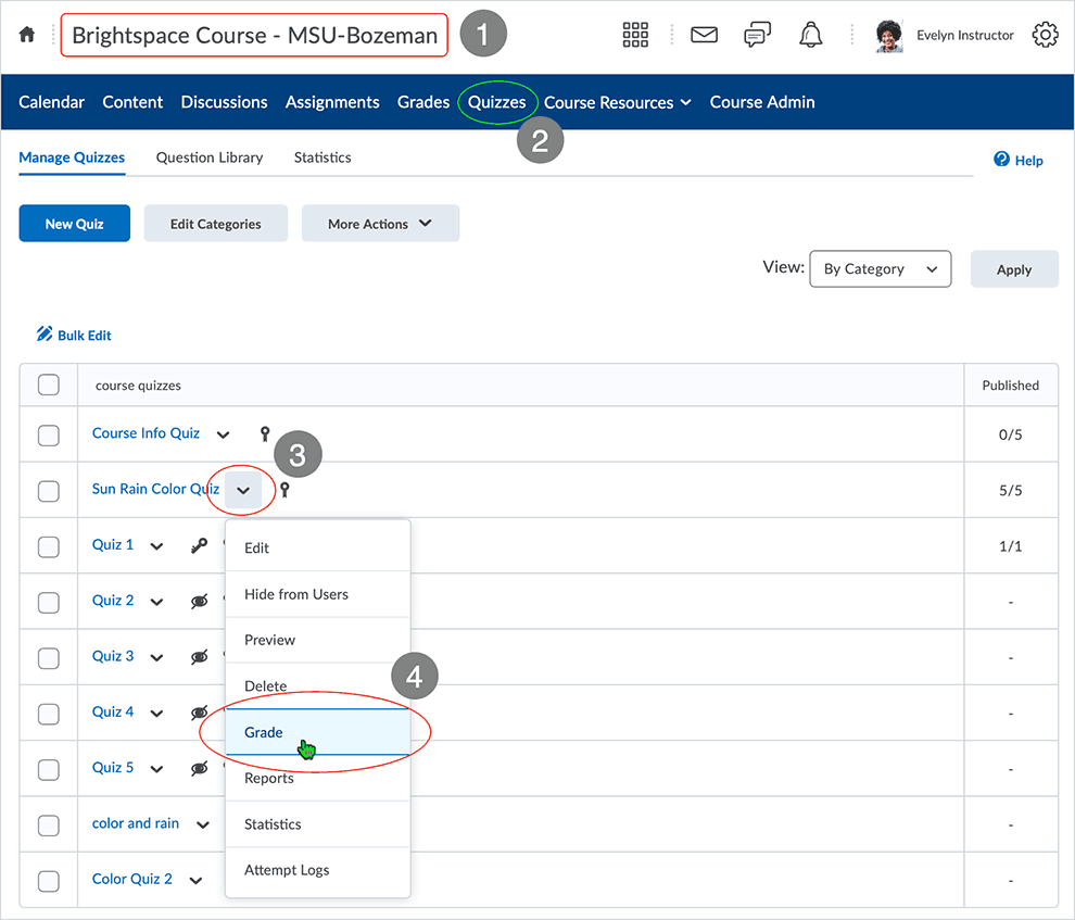 Brightspace screenshot - CD 20_20_04 - access grading the quiz via the contextual menu "Grade" selection