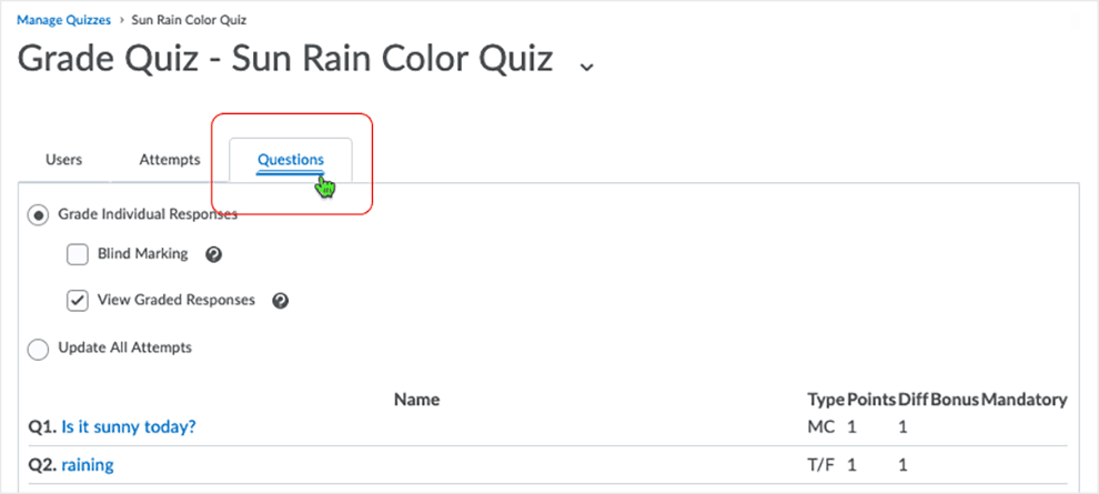 Brightspace screenshot - CD 20_21_02 - select the "Questions" tab