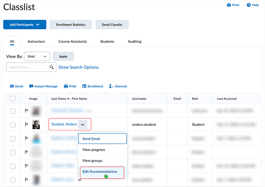 Brightspace screenshot - CD 20_23_03 - selecting the "Edit Accommodations" link from the contextual menu