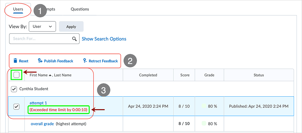 Brightspace screenshot - CD 20_20_04 - Users tab page with directions related to Reset and Feedback