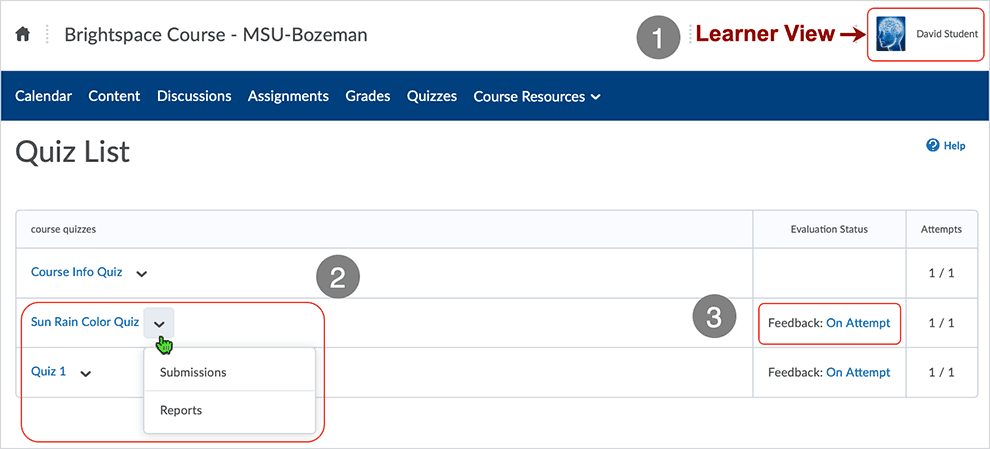 Brightspace screenshot - CD 20_20_04 - learner "Quiz List" page - showing available options related to accessing "Submissions" and "Reports"