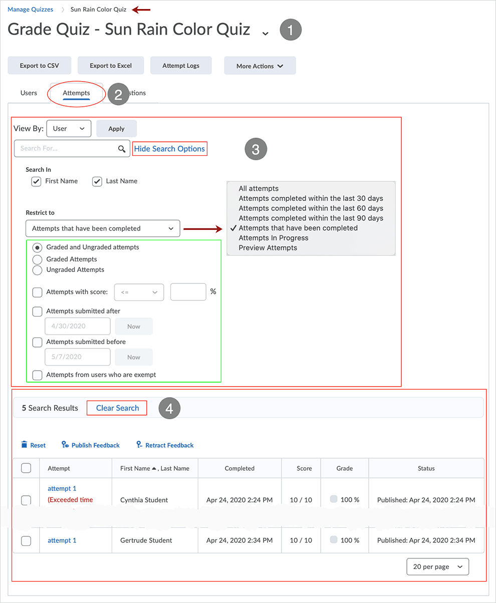 Brightspace screenshot - CD 20_20_04 - Attempts tab page showing available options related to additional search options