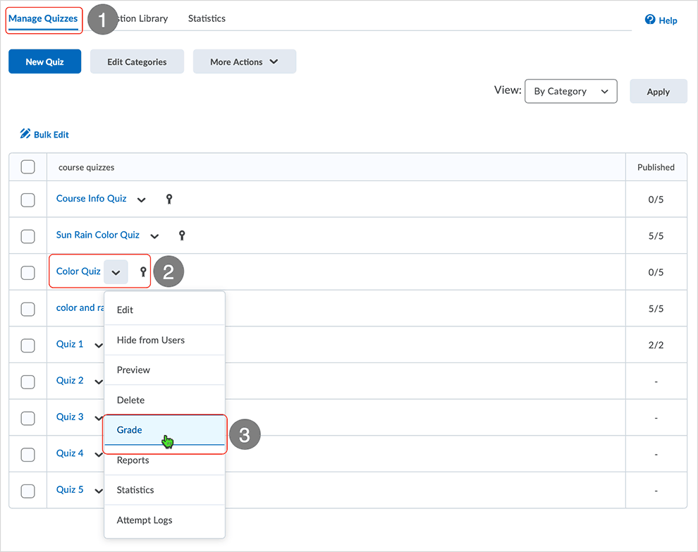 Brightspace screenshot - CD 20_20_04 - Manual Grade and Publish - showing available options