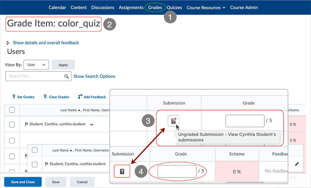 Brightspace screenshot - CD 20_20_04 - Manual Grade and Publish - showing available options