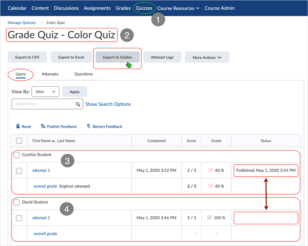 Brightspace screenshot - CD 20_20_04 - Manual Grade and Publish - showing available options