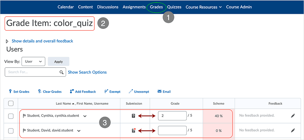 Brightspace screenshot - CD 20_20_04 - Manual Grade and Publish - showing available options