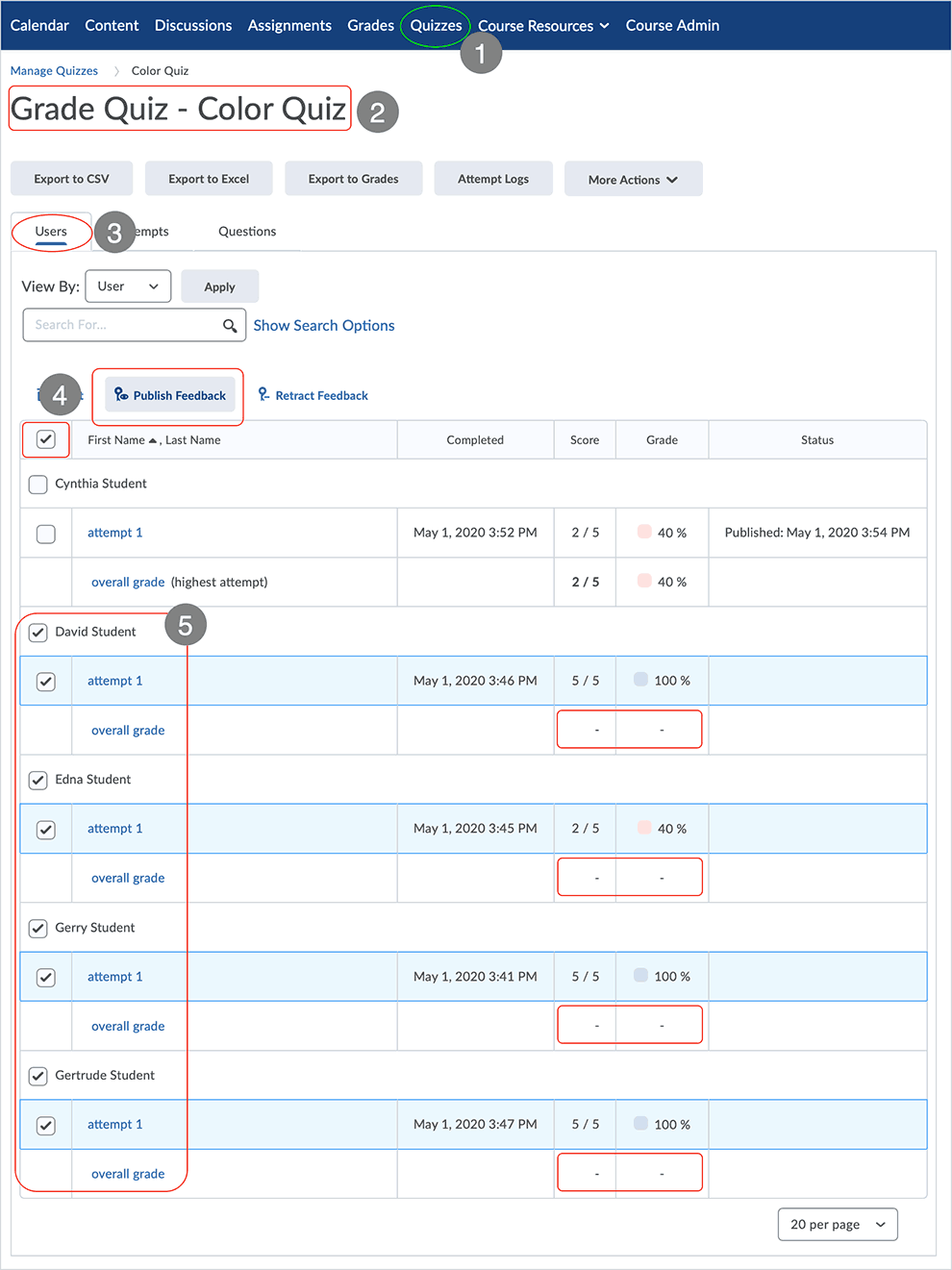 Brightspace screenshot - CD 20_20_04 - Manual Grade and Publish - showing available options