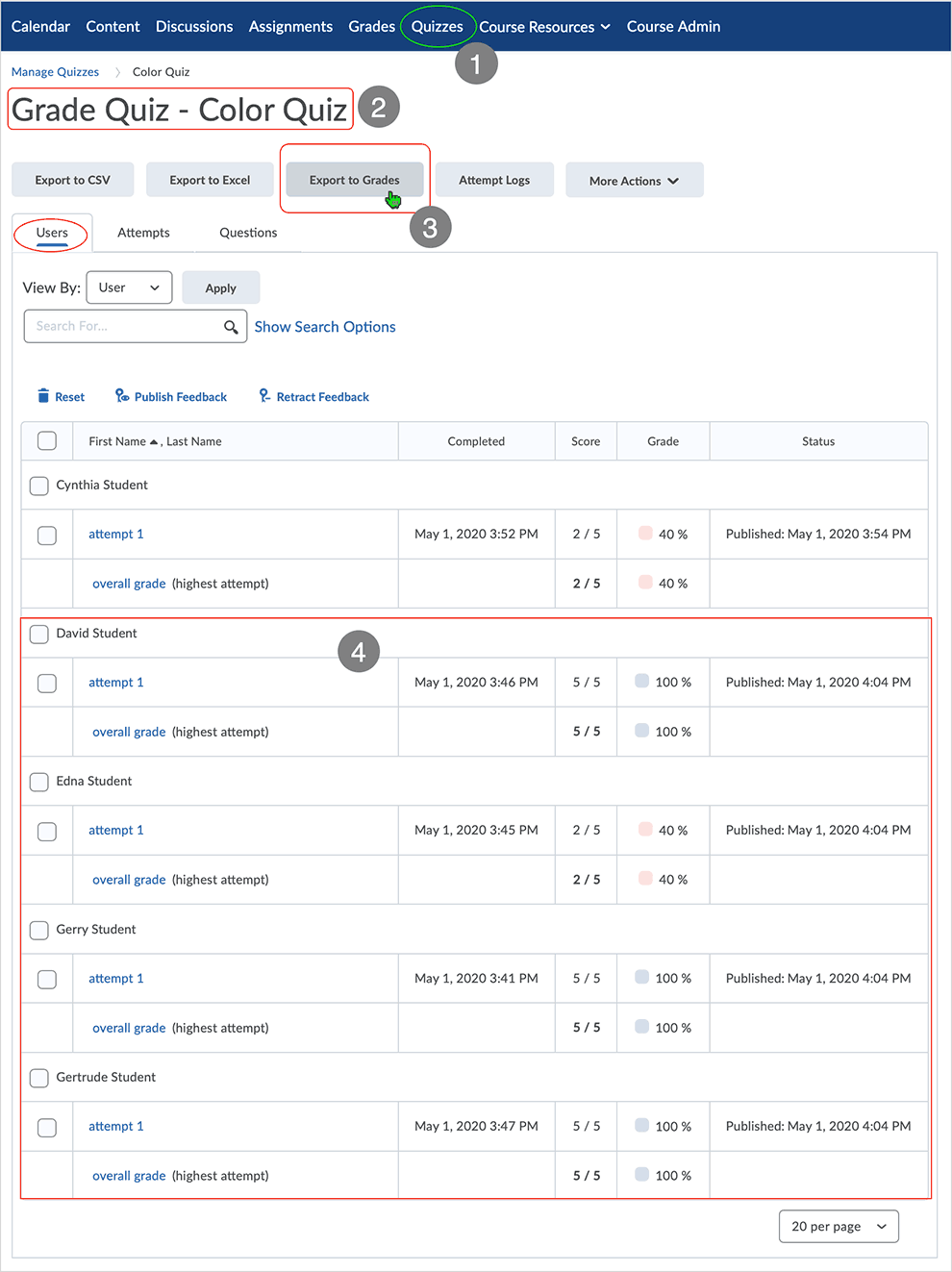 Brightspace screenshot - CD 20_20_04 - Manual Grade and Publish - showing available options