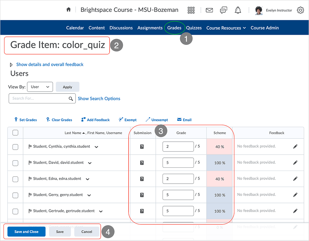 Brightspace screenshot - CD 20_20_04 - Manual Grade and Publish - showing available options