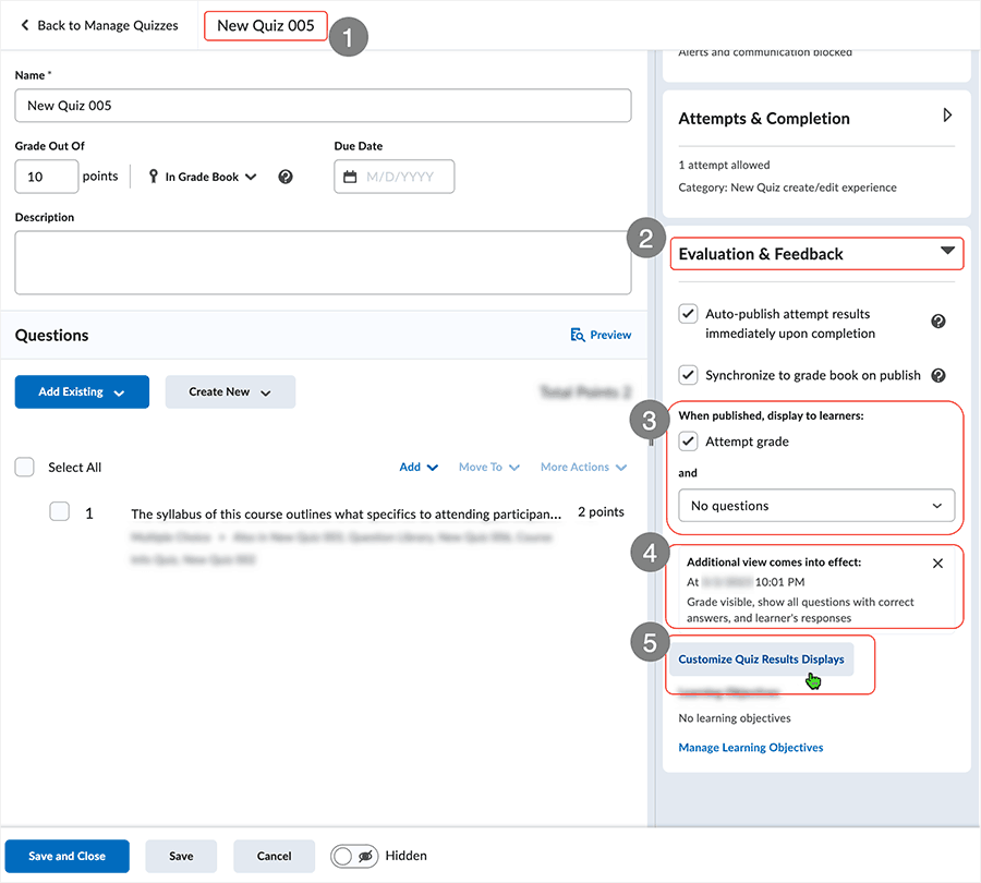 Brightspace screenshot 20.23.02 - selecting the "Customize Quiz Results Displays"