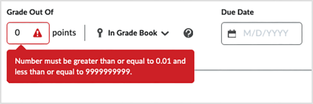 Brightspace screenshot 20.22.12 - "Grade Out of" warning that number needs to be greater than '0'