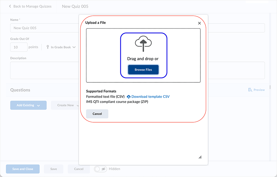 Brightspace screenshot 20.22.12 - dialog box facilitates uploading a file