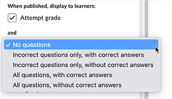 Brightspace screenshot 20.23.02 - shows the selections related to question display when quiz attempt grade is published
