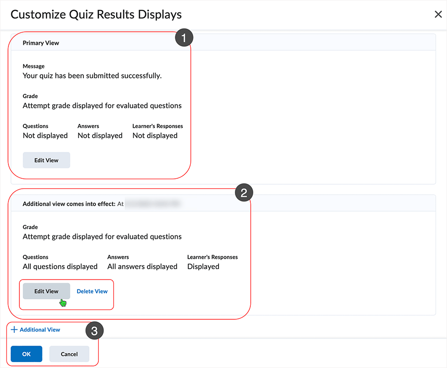Brightspace screenshot 20.23.02 - "Customize Quiz Results Displays" page shows "Primary View" and "Additional View" and the "OK" or "Cancel" buttons