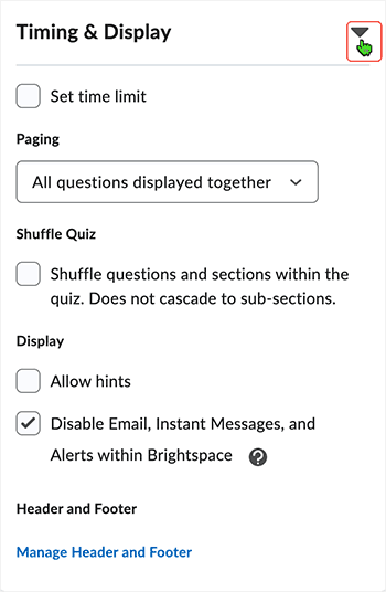 Brightspace screenshot 20.23.7 - Timing and Display section expanded