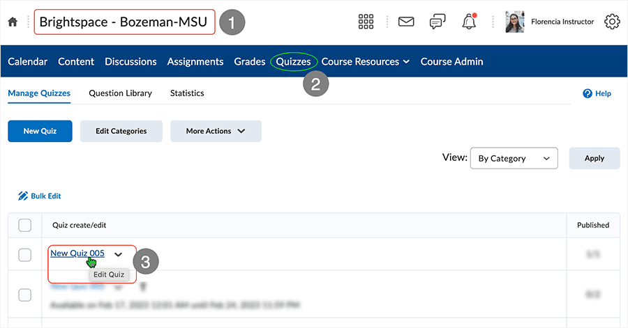 Brightspace screenshot 20.23.03 - access "Edit" function for quiz
