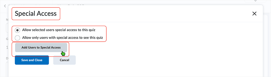 Brightspace screenshot 20.23.03 - se;lect "Add Users to Special Access" button from the "Special Access" page