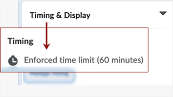 Brightspace screenshot 20.23.03 - an "Enforced time limit" of "60 minutes" displays under "Timing" in the "Timing & Display"area of the quiz being edited