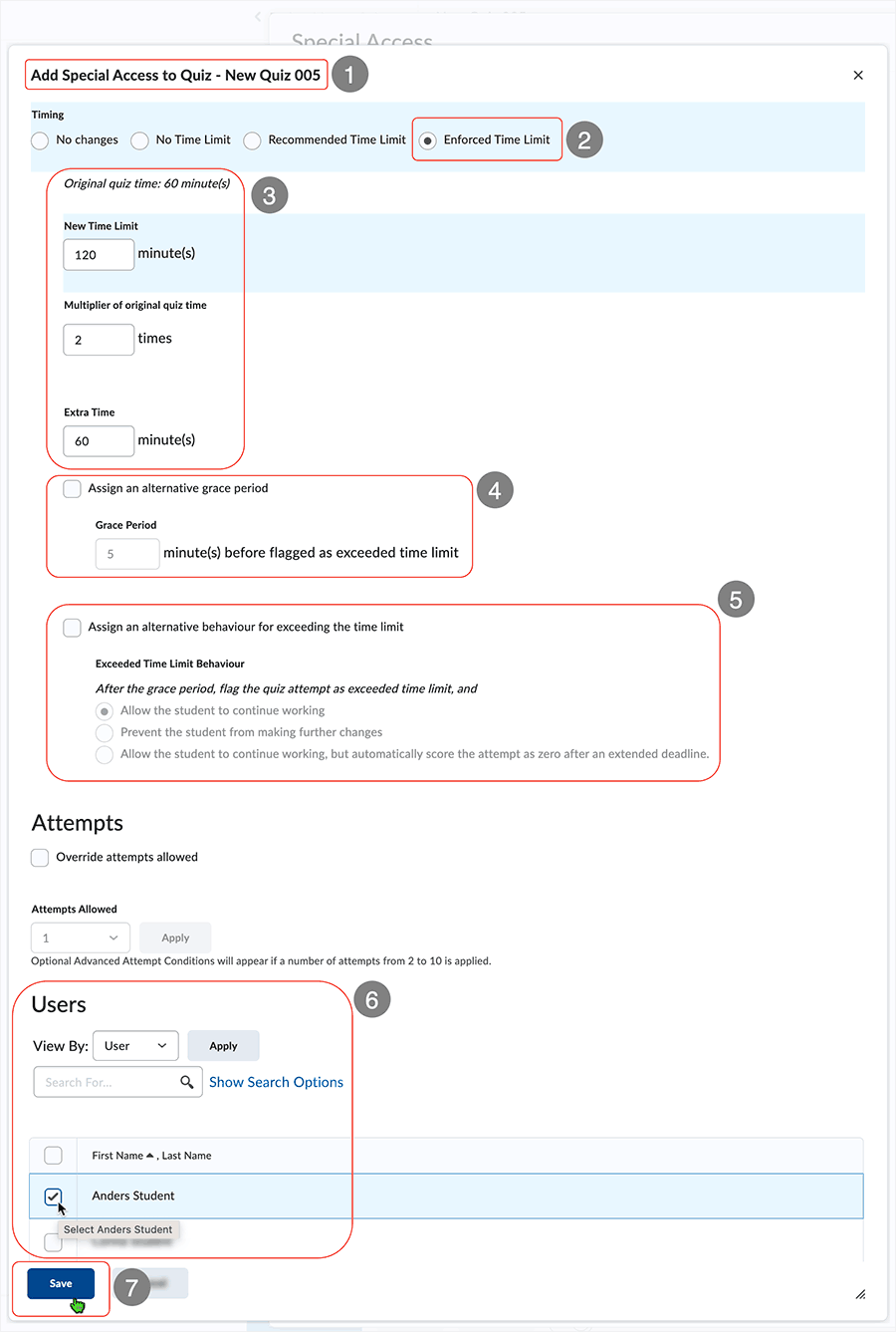 Brightspace screenshot 20.23.03 - "Add Special Access to Quiz..." page displays an "Enforced Time Limit" change page