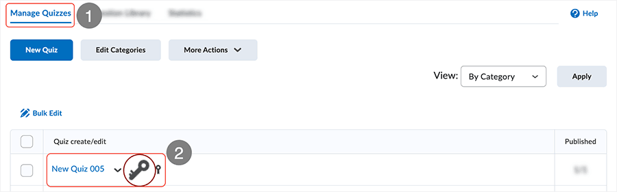 Brightspace screenshot 20.23.03 - "Key" icon displays in the "Manage Quizzes" area to the right of the quiz