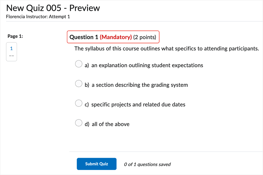 Brightspace screenshot 20.23.02 - "Mandatory displays in the question when presented in the quiz