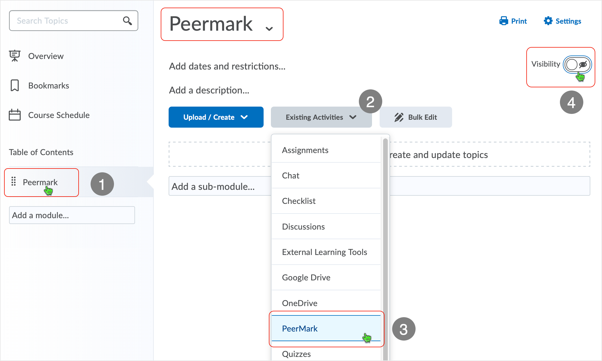 Brightspace screenshot - CD 20_20_12 - after adding a module, select existing Activities drop menu and select "PeerMark" from the listk