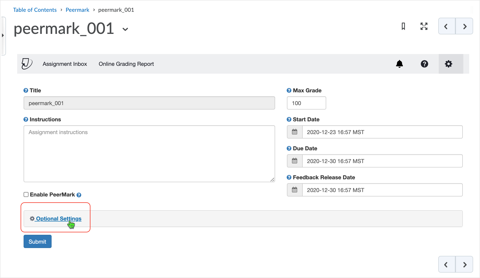 Brightspace screenshot - CD 20_20_12 - selcting Optional Settings to shape the activity's Turnitin settings
