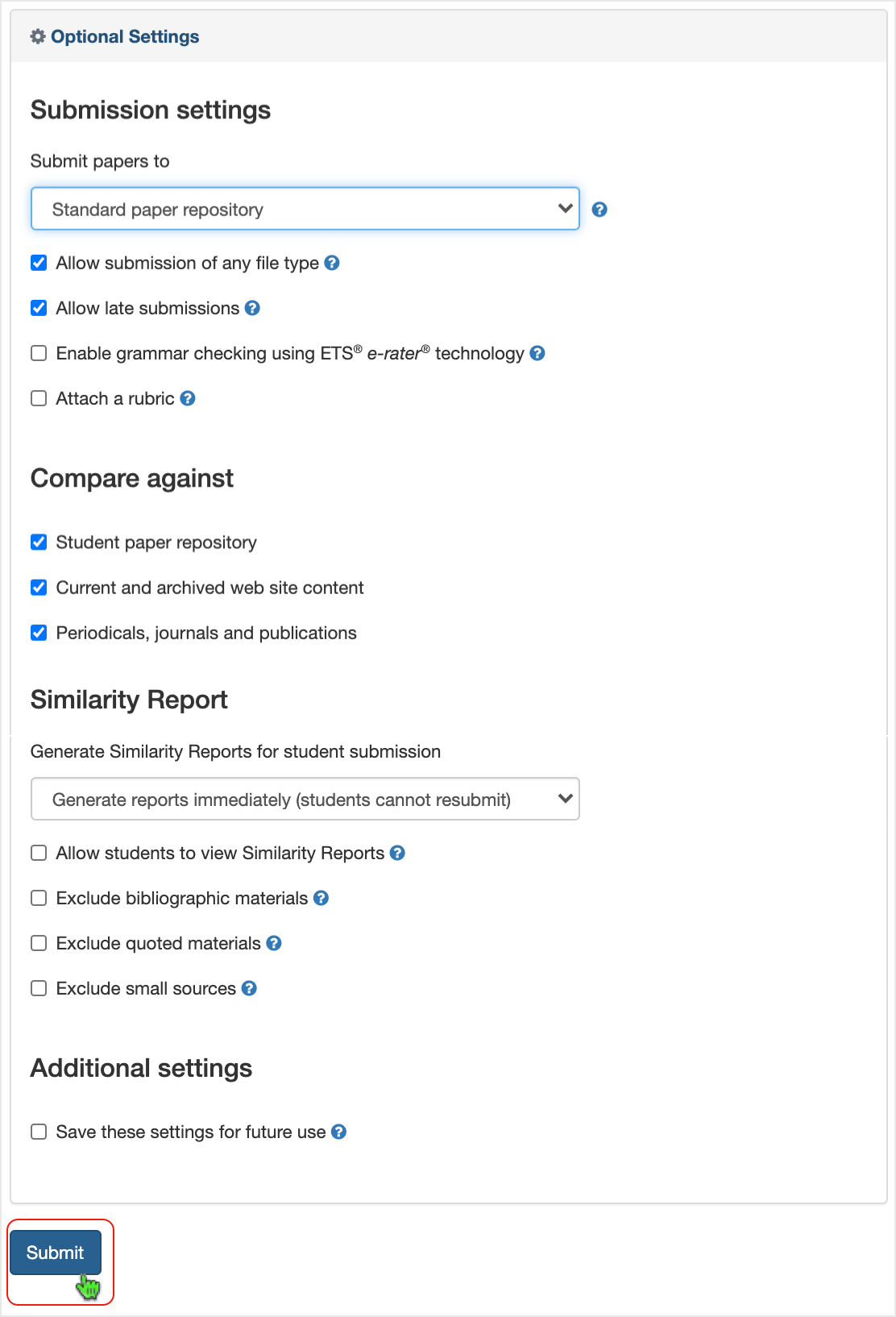 Brightspace screenshot - CD 20_20_12 - Turnitin settings are displayed
