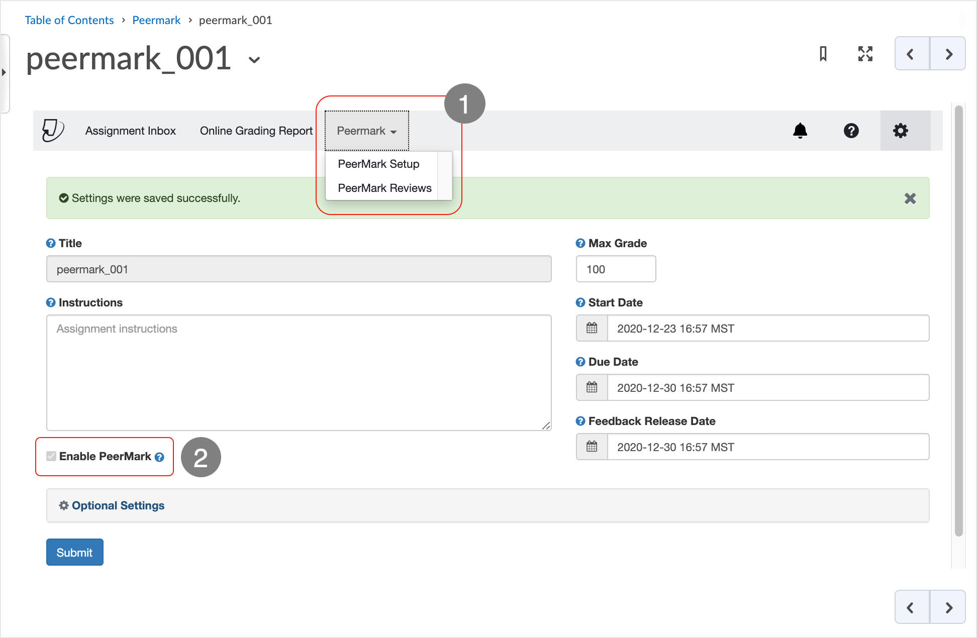 Brightspace screenshot - CD 20_20_12 - shows availability of "PeerMark Setup" link for selection