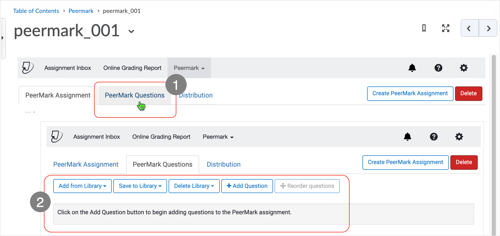 Brightspace screenshot - CD 20_20_12 showing the PeerMark Questions tab