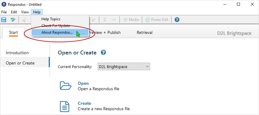 Respondus 4.0.8.01 Screenshot: select "About Respondus" to see version currently installed