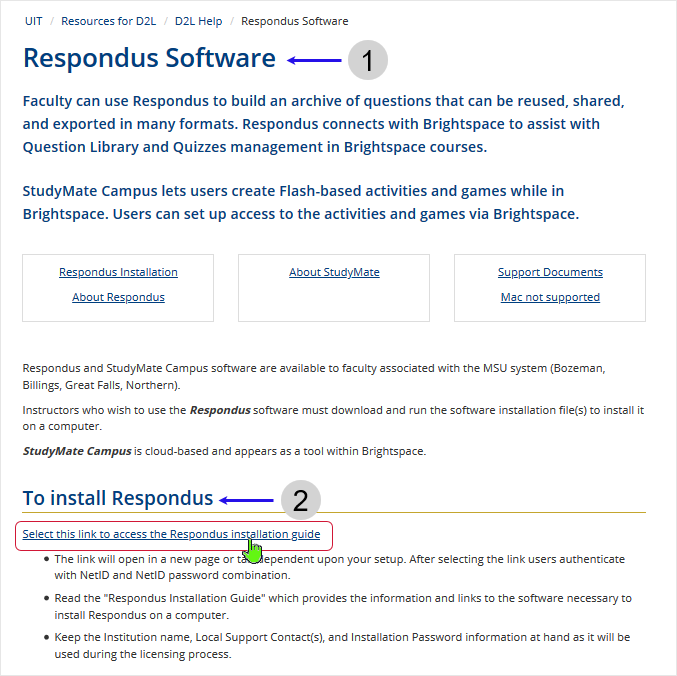MSU D2L Help Pages Screenshot: select the Respondus Software installation link