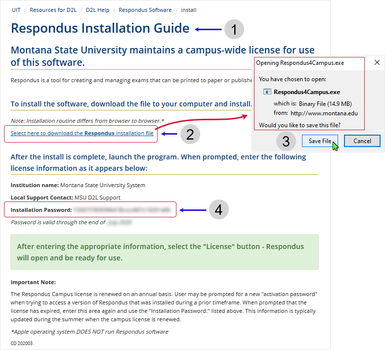 Brightspace Support page screenshot - the Respondus Installation Guide page