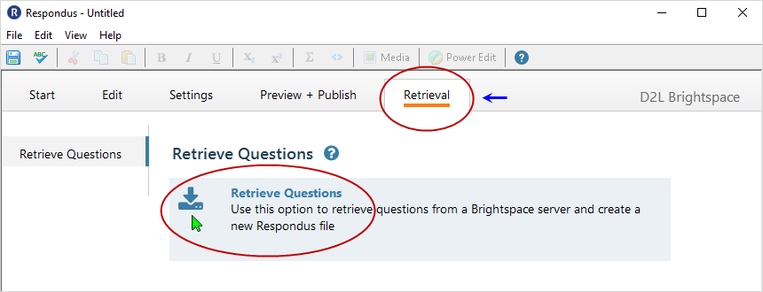 Respondus 4.0.8.01 Screenshot: select "Retrieval" tab and then select "Retrieve Questions" button