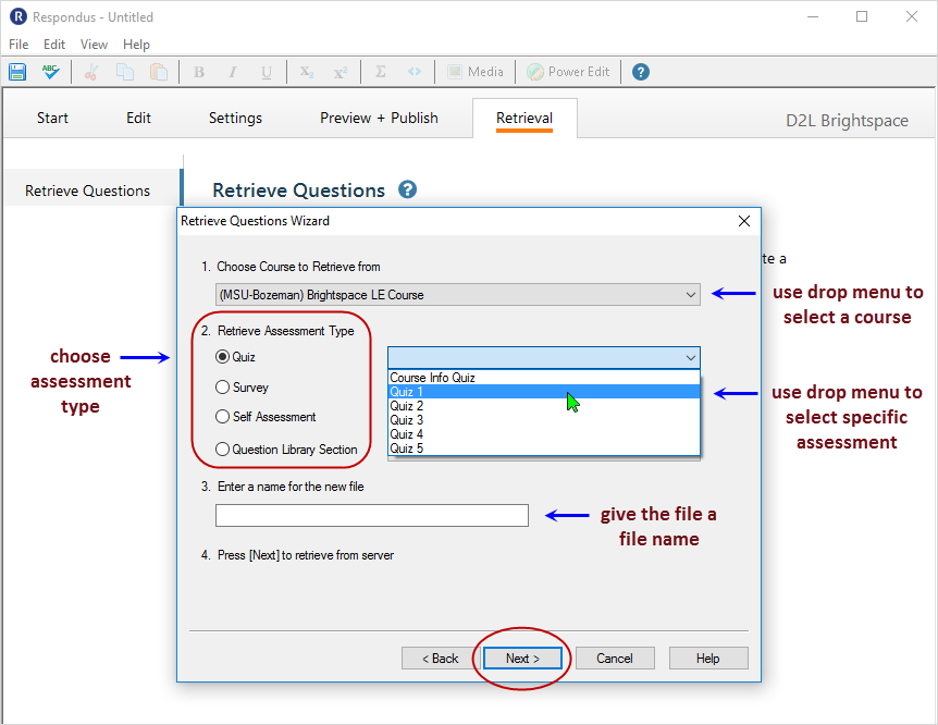 Respondus 4.0.8.01 Screenshot: select course and then assessment to retrieve from Brightspace LE