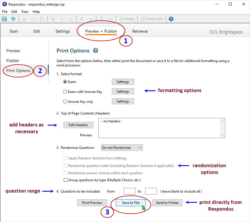 Respondus 4.0.8.01 Screenshot: use the "Preview and Publish" tab to work on the file created in Respondus from the retrieval process