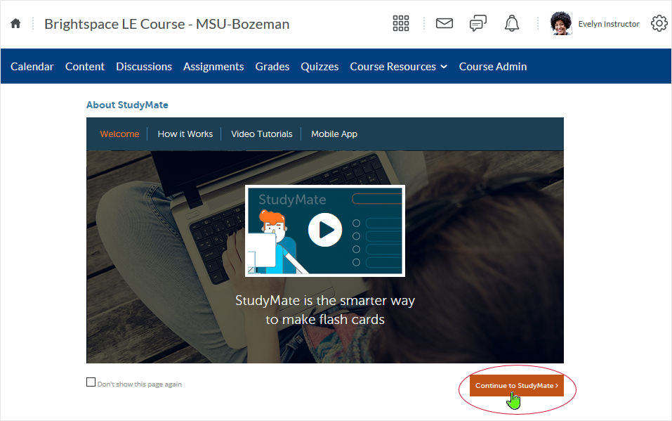 D2L CD 20.19.9 screenshot - the StudyMate page that displays so users can click through to their personal StudyMate site