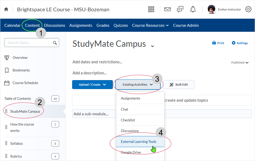 D2L CD 20.19.9 screenshot - select Content from the course navigation bar.