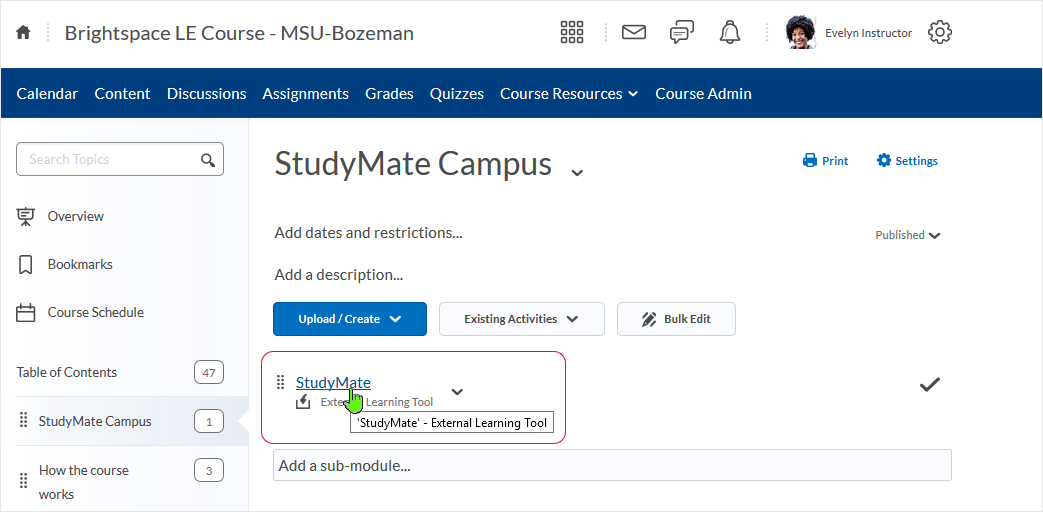 D2L CD 20.19.9 screenshot - shows the created 