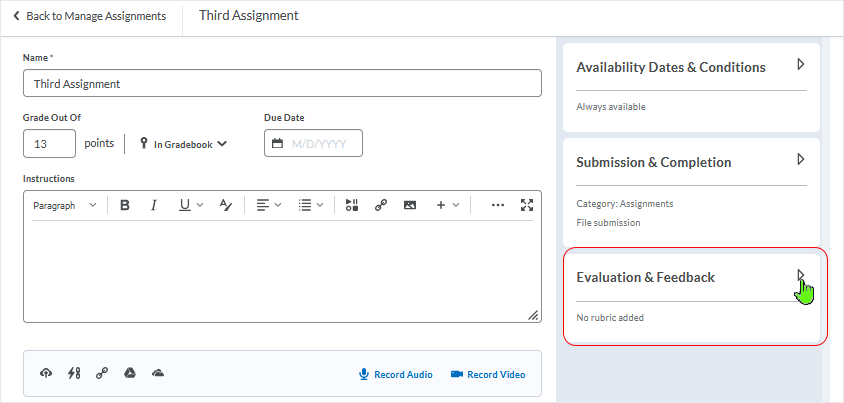 Brightspace screenshot 20.21.10 - select the "Evaluation & Feedback" area.