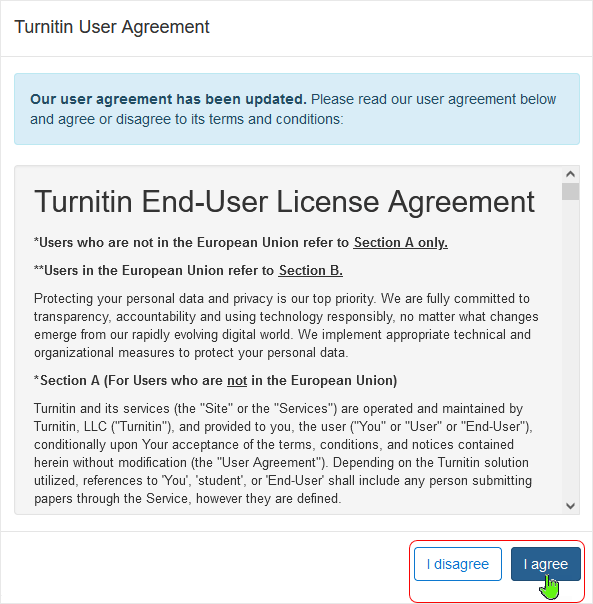 Brightspace screenshot 20.21.10 - Turnitin terms agreement with agree and disagree selection buttons