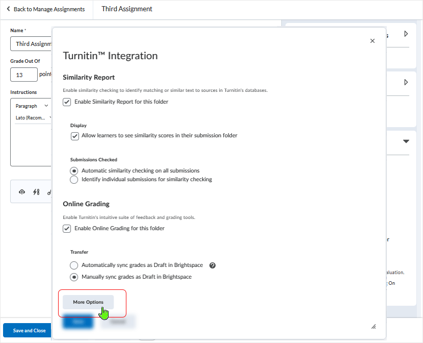 Brightspace screenshot 20.22.10 - overview of the Manage Turnitin area in a Brightspace Assignments folder