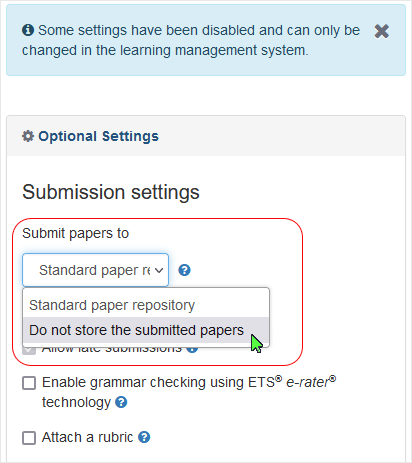 Brightspace screenshot 20.22.10 - "Submit papers to" drop menu shows "Do not store the submitted papers" selection