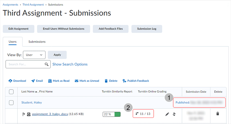 Brightspace screenshot 20.22.10 - alert indicating feedback is published and display of the Online Grading score