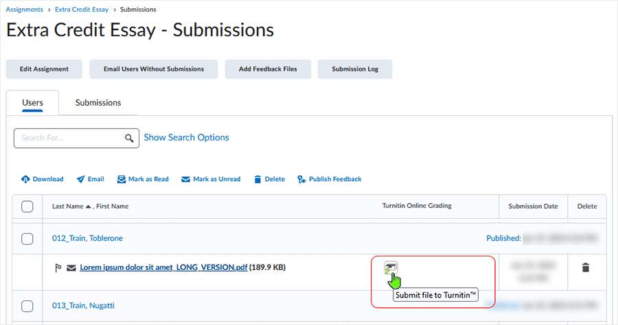 Brightspace 20.24.01 screenshot - If necessary, submit a papewr to Turnitin to activate "Online Grading" functionality