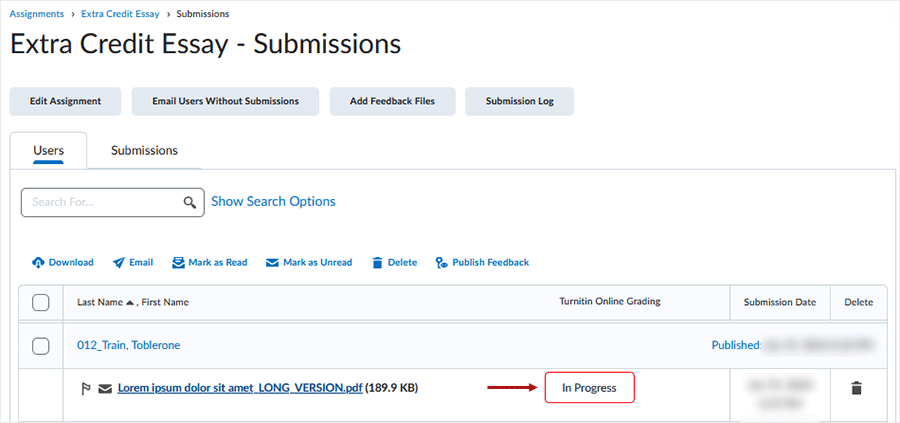 Brightspace 20.24.01 screenshot - If necessary, submit a papewr to Turnitin to activate "Online Grading" functionality