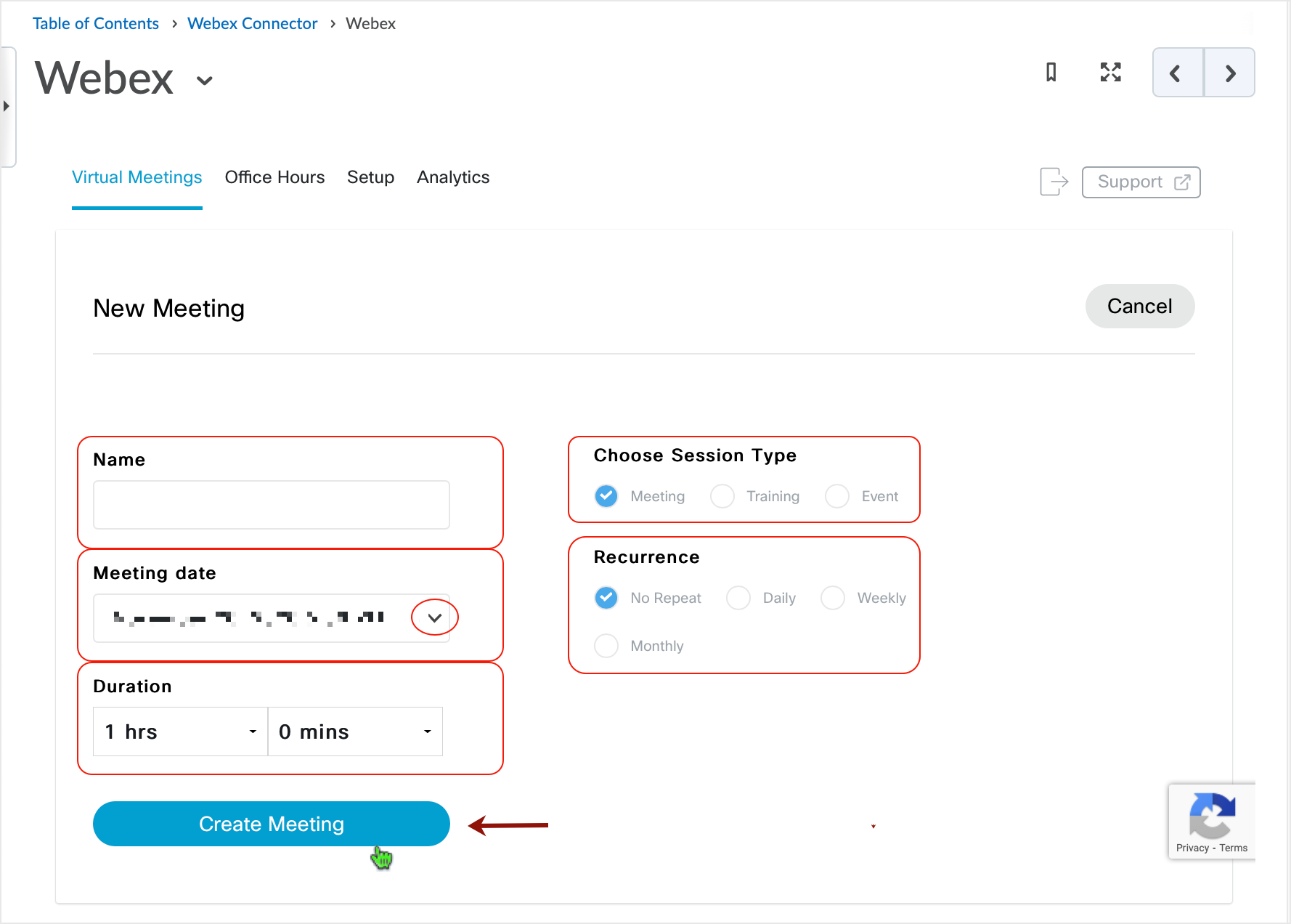 Brightspace screenshot - CD 20_20_10 - set up meeting parameters and select "Create Meeting" button