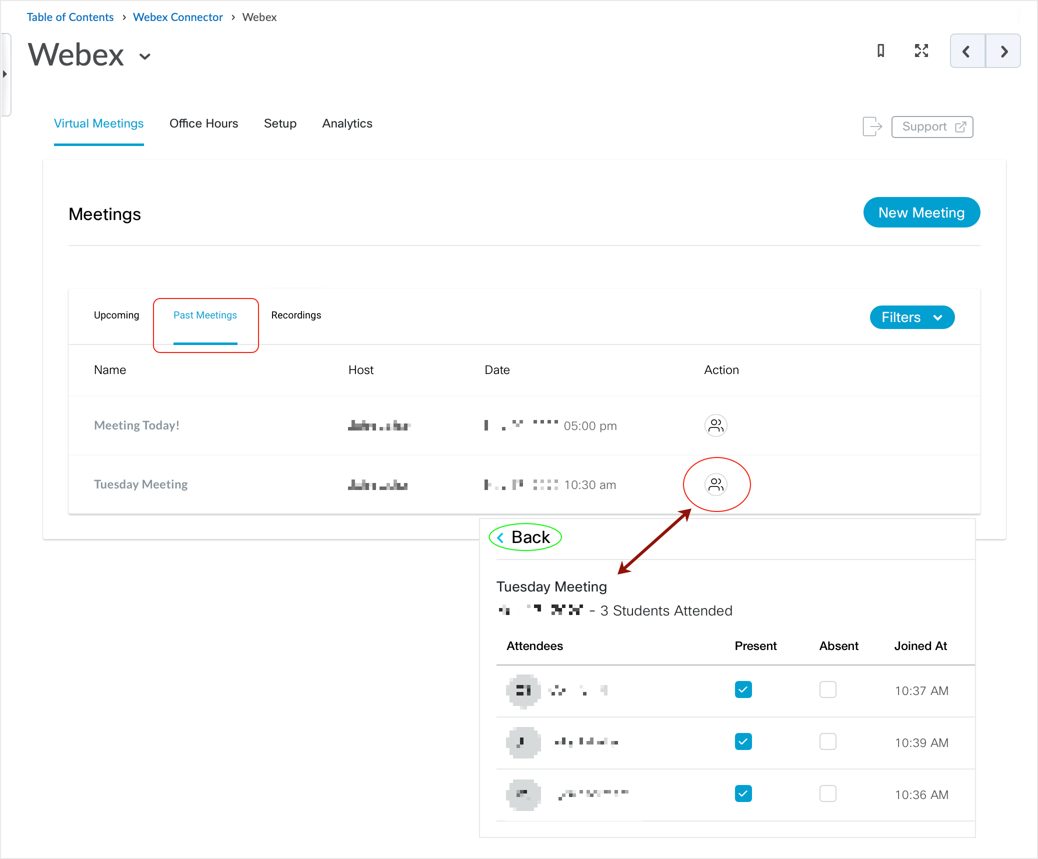 Brightspace screenshot - CD 20_20_10 shows "Past Meetings" tab with cut-out of meeting attendance example