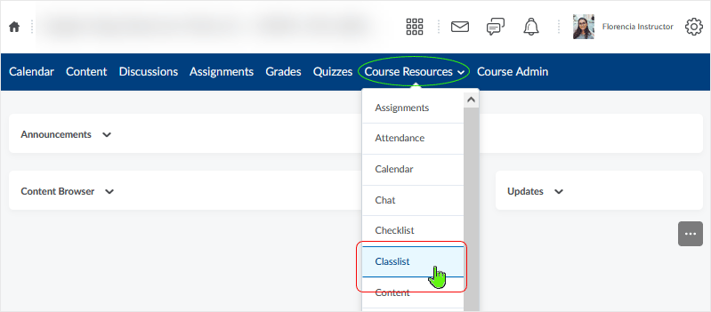 Brightspace screenshot - 20_22_02 - selecting "Classlist" from the "Course Resources" drop menu