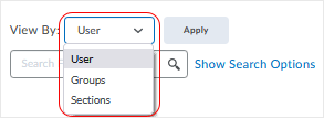 Brightspace screenshot - 20_22_02 - the "View by:" image is shown with the drop menu showing selections User, Groups, Sections